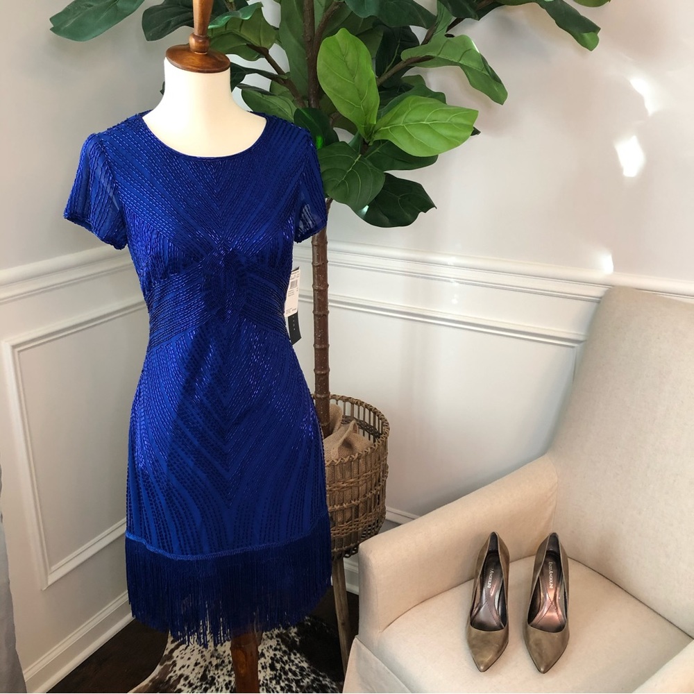 NWT Aidan Mattox Short Sleeve Hand-Beaded Fringe Cocktail Dress in Cobalt Blue